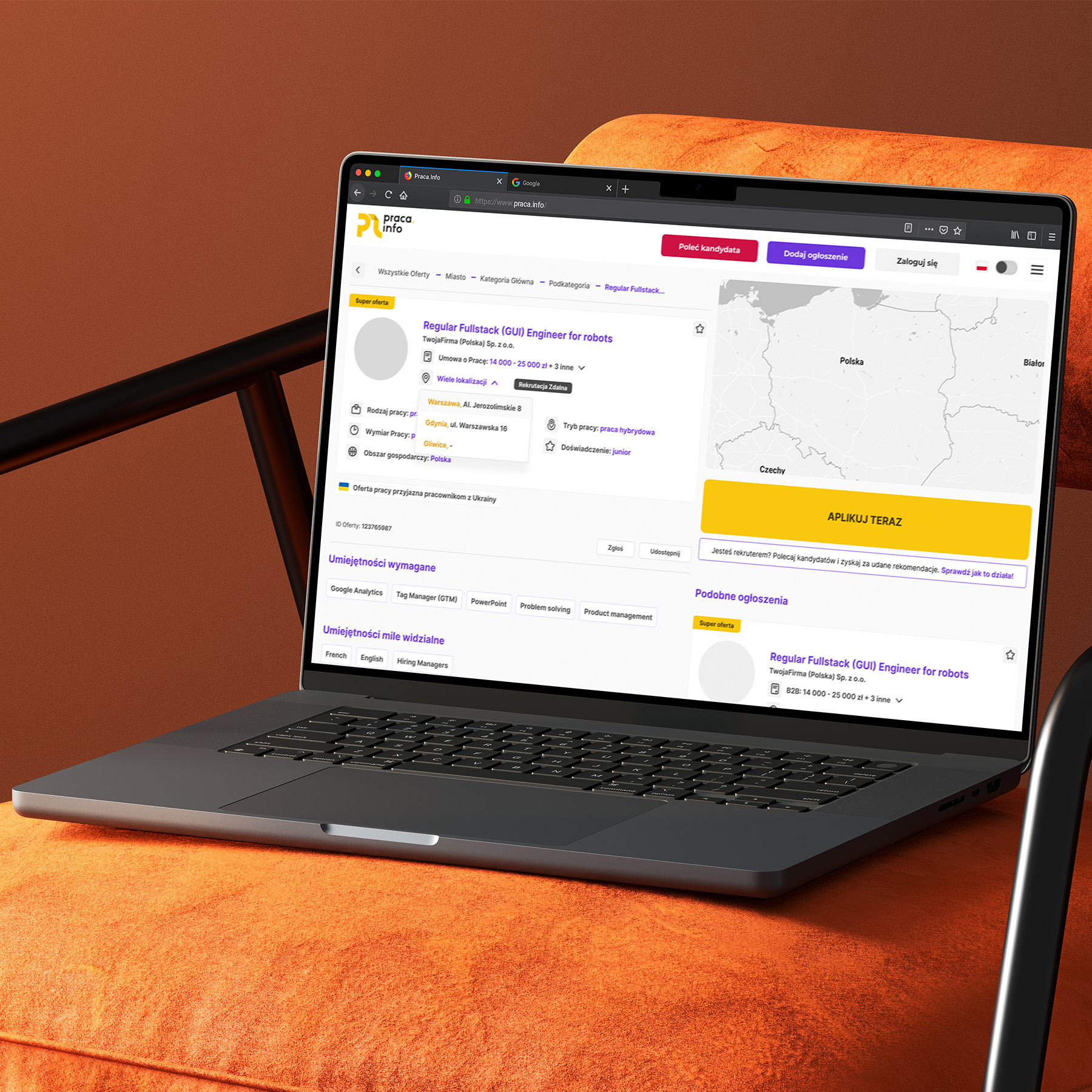 Praca.Info — widok listy ofert pracy z wyszukiwarką i filtrami kategorii